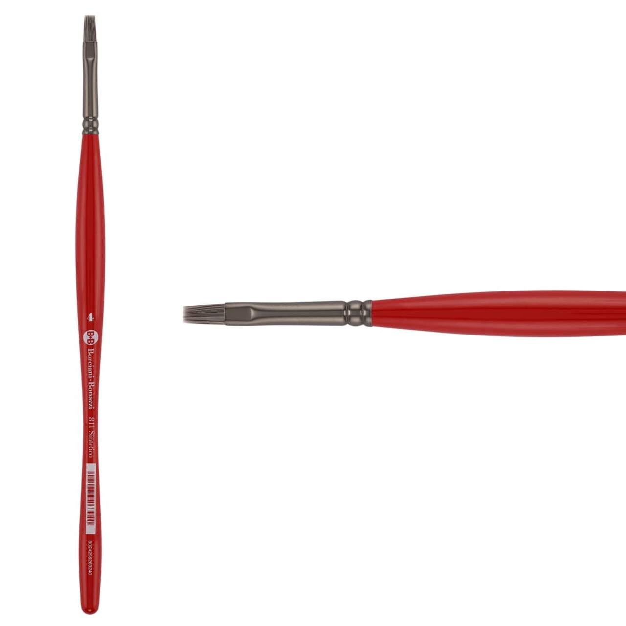 Borciani e Bonazzi Unico Silver Synthetic Series 811 Paint Brush, Flat 4 - Medium Handle Paintbrush Handcrafted in Italy, Cruelty-Free, Acrylic, Oil, Watercolor